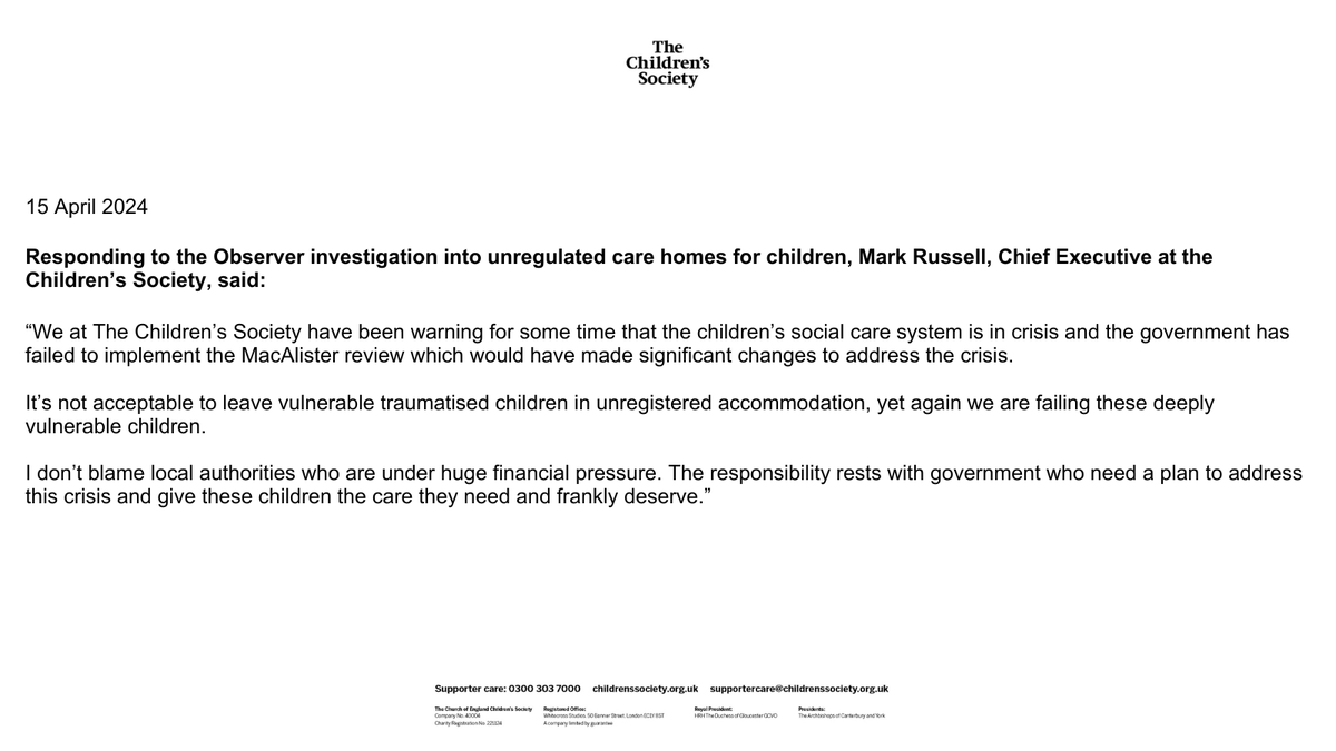 Hundreds of vulnerable school-age children in England are being sent to illegal, unregulated homes every year because of a chronic shortage of places in secure local authority units. Read our full response to the investigation ⬇️