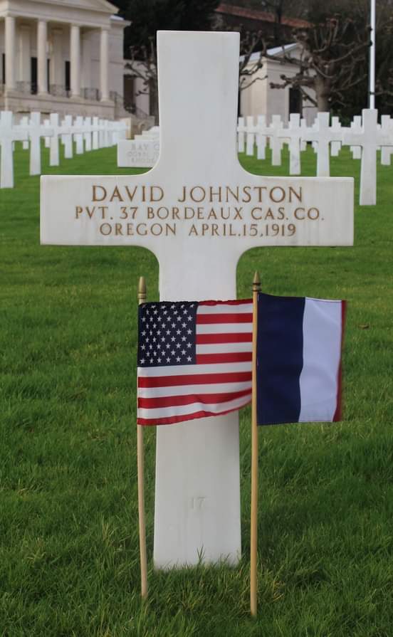 Today we remember David Johnston. World War I Private, U.S. Army 37th Bordeaux Casualty Company Entered Service From: Oregon Date of Death: April 15, 1919 Buried: Plot A Row 3 Grave 17 Suresnes American Cemetery, Suresnes, France