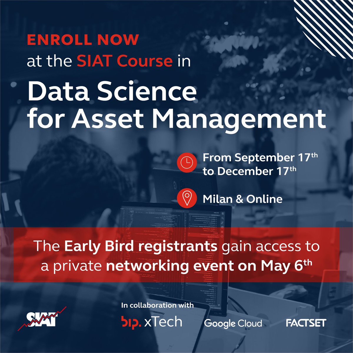 BIPxTech's tweet image. Unlock your data-driven finance strategies! Register to the &apos;Data Science for Asset Management&apos; Course by April 18th for Early Bird discount at the following link: okt.to/tM9X4j 

Early Bird registrants gain access to a private networking event at our office!
