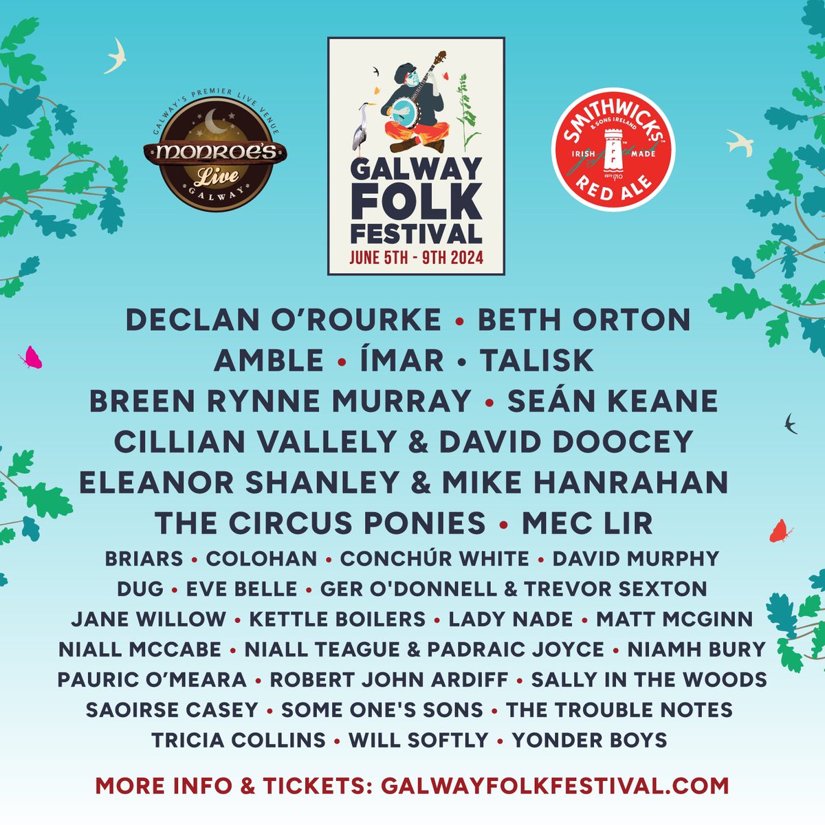 We’re delighted to be playing at this year’s Galway Folk Festival alongside some amazing artists on June 8th. Really excited to make our Galway debut! Cans by the Spanish Arch, anyone? ☀️ @FolkFestGalway @MonroesLive