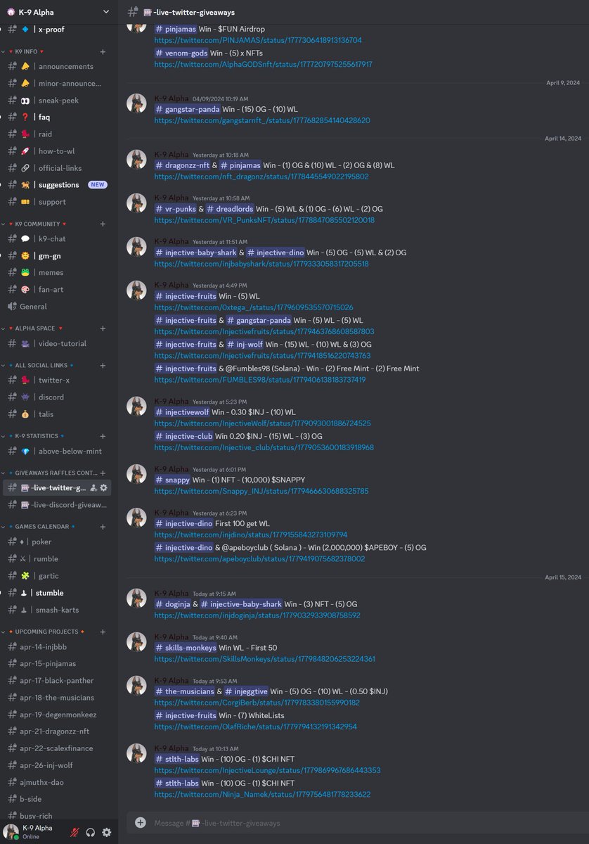 Not only have we found over 40 upcoming INJ NFT projects, but we are keeping track of all of their giveaways and presenting it to you in an efficient user friendly way. 

You're time is precious, we got you. 

Easily win OG, WL, $INJ, NFTs, all kinds of prizes. Jump in our server