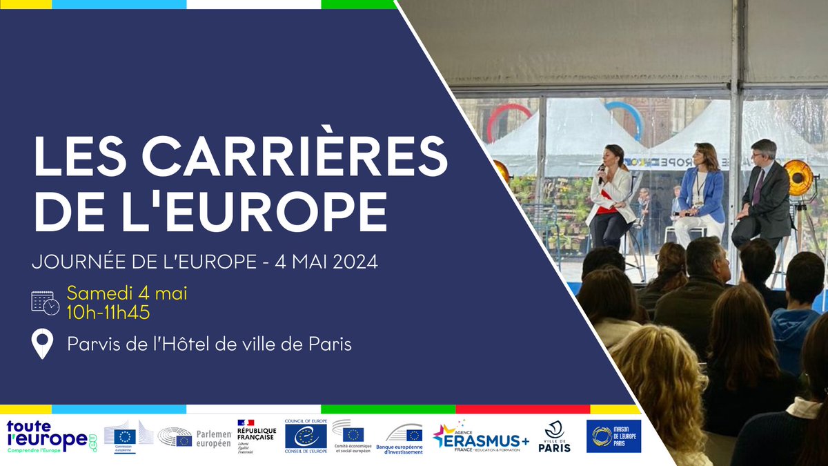 📢 Vous souhaitez faire carrière dans les institutions européennes ? 🇪🇺 Le 4 mai prochain, venez vous informer sur les carrières européennes lors d’une table-ronde sur le parvis de l’Hôtel de Ville de Paris, à l’occasion de la Fête de l’Europe ! 👉 eventbrite.fr/e/les-carriere…