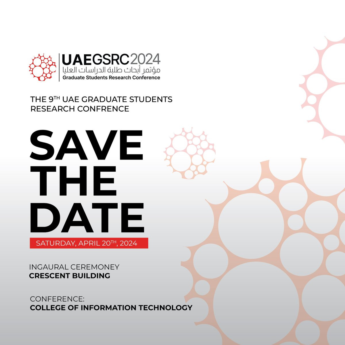 Join us at the 9th UAE Graduate Students Research Conference on April 20, 2024, at the United Arab Emirates University.
#UAEGSRC2024