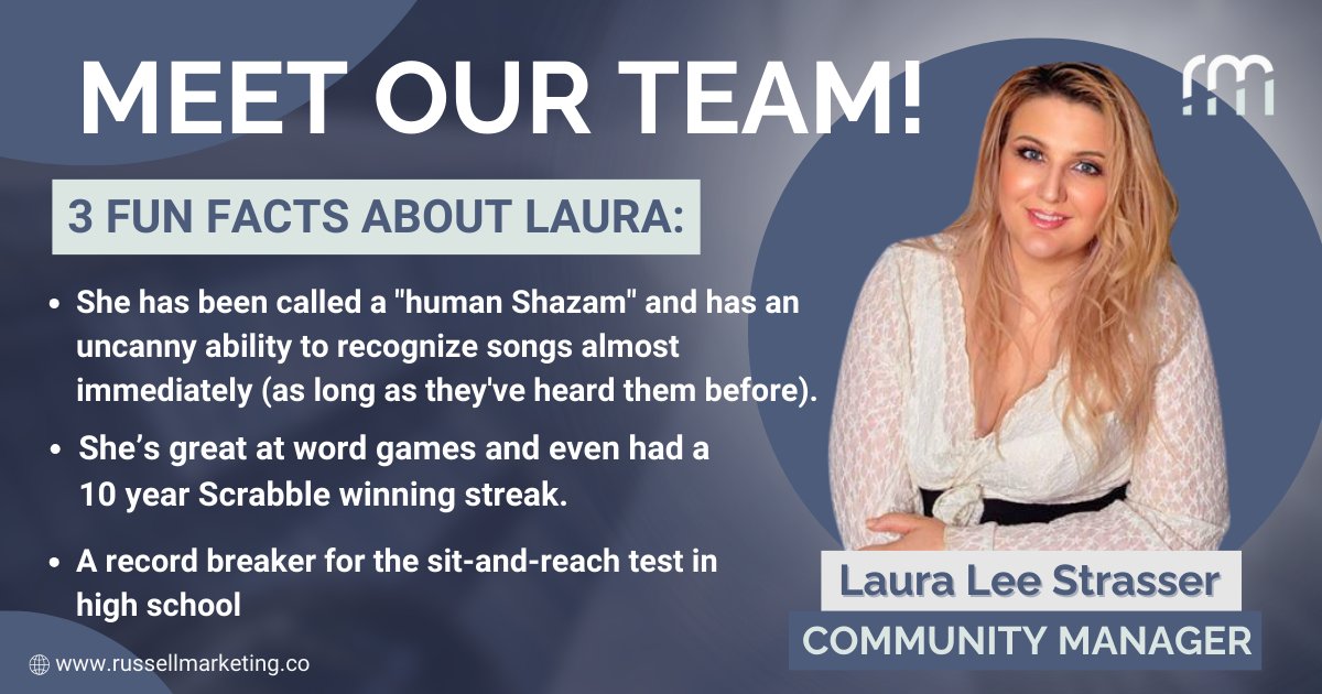 Meet the Members of Russell Marketing! 🚀

Laura Lee Strasser is our Community Manager. 💕

Read the thread to get to know Laura with our fast Q&A!

Visit our website to see the rest of our team!

🌐russellmarketing.co/#team

#russellmarketing #meetRM #TeamworkMakesTheDreamWork