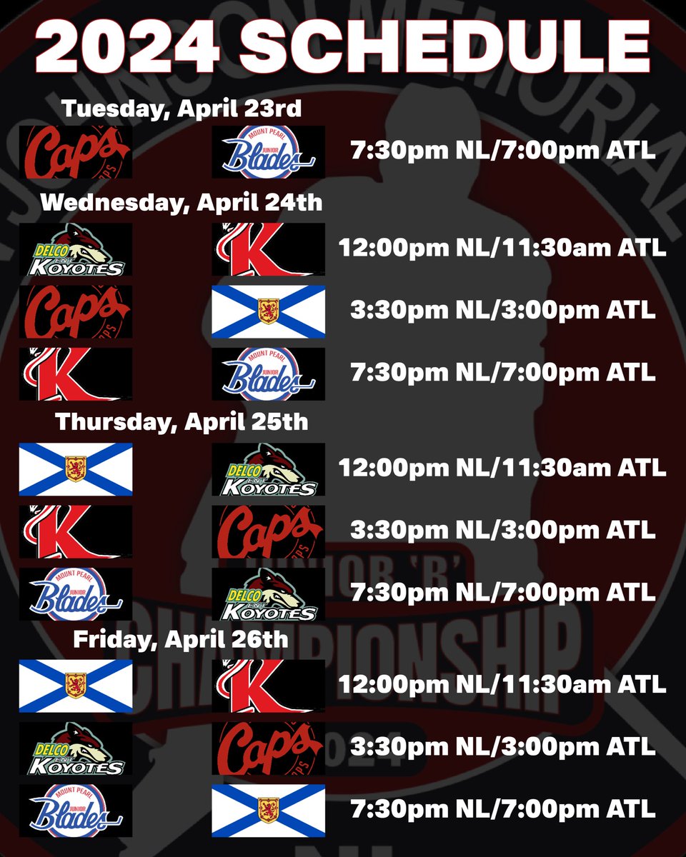 2024DOJO's tweet photo. 📆 2024 DOJO SCHEDULE!

We’re pleased to announce the schedule for the 2024 Atlantic Junior Hockey Championships at the Glacier in Mount Pearl, NL.

All games will be broadcast on AO Live.

Team Nova Scotia will be represented by either @AntigonishJrB or @lumberjackshky. https://t.co/NsybMQWuqd