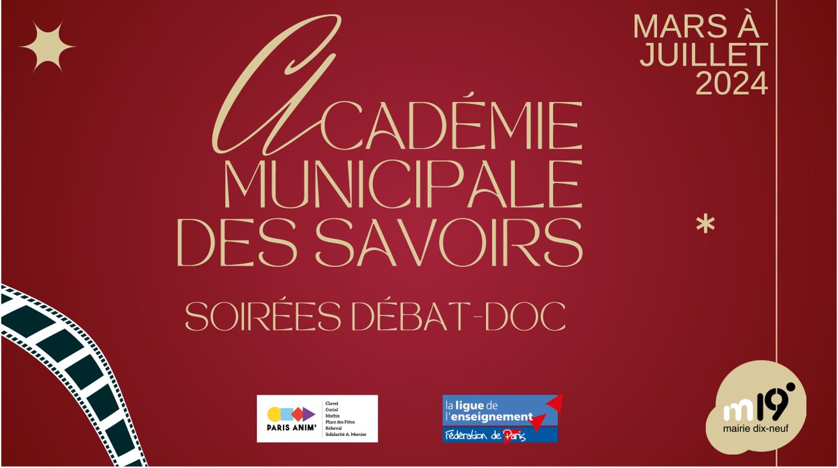 Participez à l'édition de l'Académie Municipale des Savoirs du 19e🧠 Rendez-vous jeudi 25 avril pour 'Histoire d'une nation, l'École' de Stéphane Correa. Le film sera suivi d'un échange avec un invité ! Plus d'infos sur mairie19.paris.fr/pages/l-univer…