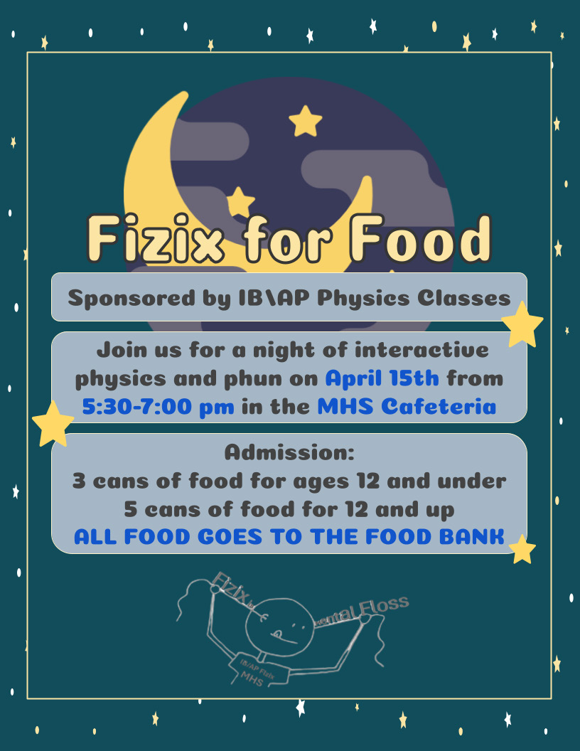 Be sure to stop by the MHS Fizix For Food event happening TONIGHT at Magnolia High School for interactive physics fun! Be sure to bring your canned goods for entry!