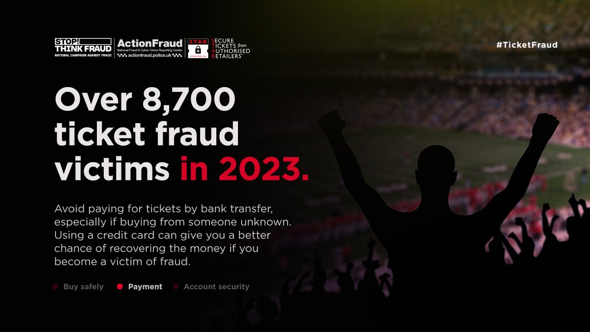 ⚠️Last year more than 8,700 people reported that they had been a victim of ticket fraud. We're warning festival and concert goers to be wary of last minute deals for sold out events or ticket resales. 🔗Find out more ⬇️ actionfraud.police.uk/ticketfraud #TicketFraud