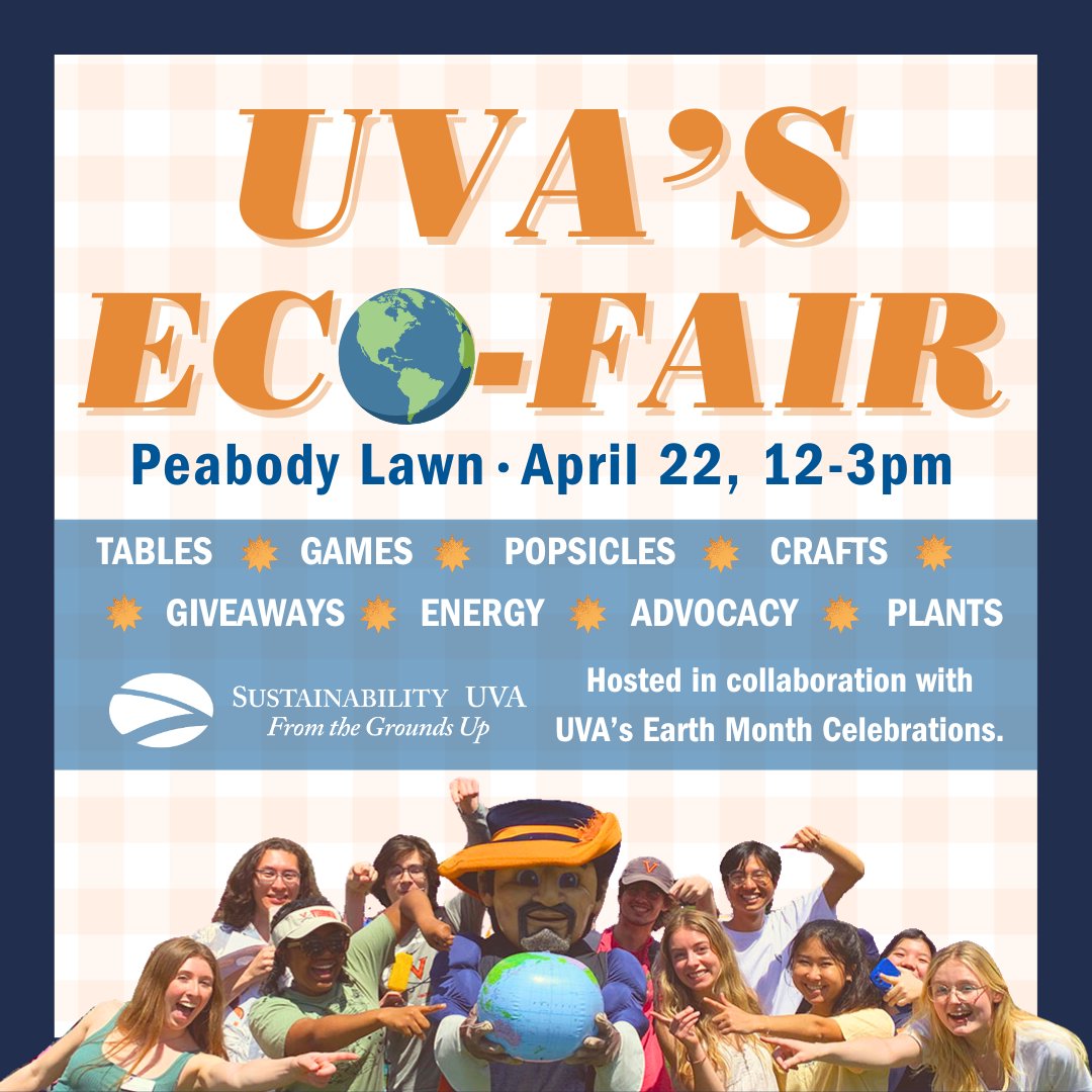 UVA's Earth Day Eco-Fair in just around the corner! 🌎 Mark your calendars for Monday, April 22 from 12-3pm at the Peabody Lawn. We've got dozens of cool groups ready to share sustainability best practices!