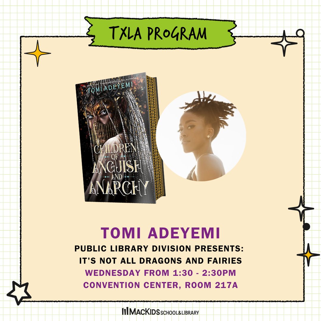 Don't miss @tomi_adeyemi chatting with a fantastic lineup of authors on the Public Library Division Presents: it’s not all Dragons and Fairies panel! Happening at 12:30pm in room 217A. #TXLA24 #MacKidsTXLA