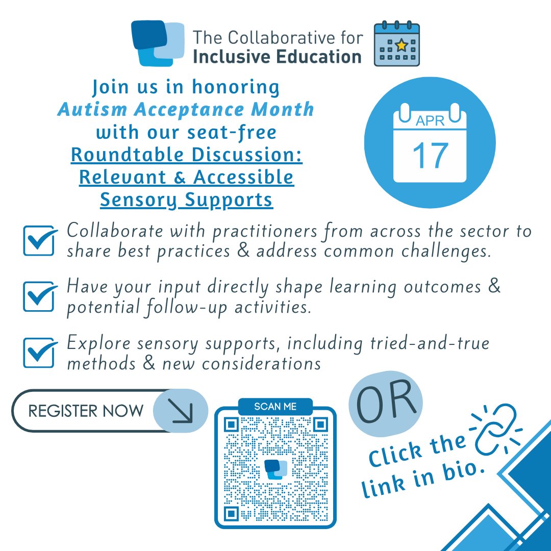 Join us in honoring Autism Acceptance Month with our seat-free Roundtable Discussion: Relevant &amp; Accessible Sensory Supports this week on Wed, 4/17. Connect with educators to explore a variety of sensory support strategies. Register now using the QR code or link in bio!