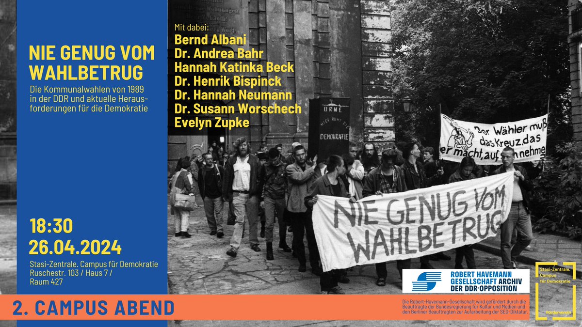 Vor 35 Jahren deckten DDR-Bürger*innen die Fälschung der Kommunalwahlen auf. Die folgenden Proteste trugen zur Friedlichen Revolution bei. Und wie steht es heute um den Schutz demokratischer Werte? Was sind moderne Formen der Wahlmanipulation? Kommt gern zur Diskussion am 26. 4.!