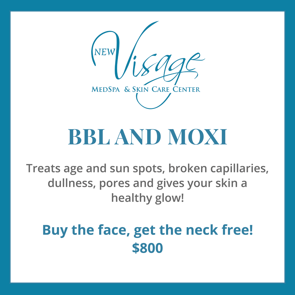 NewVisage's tweet photo. ✨ Unlock the secret to radiant skin with our BBL and MOXI treatments!

Say goodbye to age spots, sun damage, and more. Plus, for a limited time, treat your face and receive a complimentary neck treatment - all for $800!

Dive into summer with a fresh, glowing look! https://t.co/5BE3Tgeej9