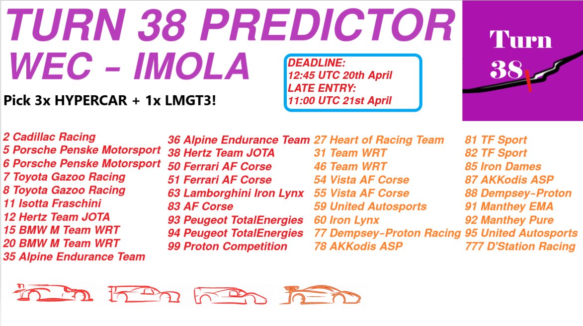🚨 IMOLA PREDICTOR 🚨 Reply to this tweet with your pick of 🔴 3x HYPERCAR + 🟠 1x LMGT3 #WEC #6HImola