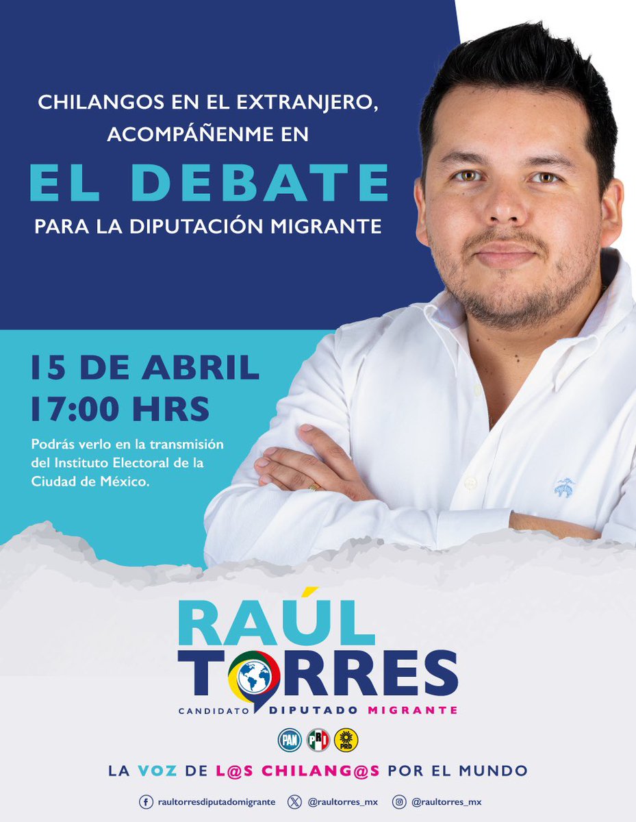 📢 Chilang@s en el exterior, ¡hoy es el día! No se pierdan el debate por la diputación migrante. Es crucial mantenernos informad@s y participar en el diálogo.

#DiputadoMigrante
#MexicanosEnElExterior 
#VotoExtranjero
#VotoChilango
#Elecciones2024 
#OrgulloMexicano