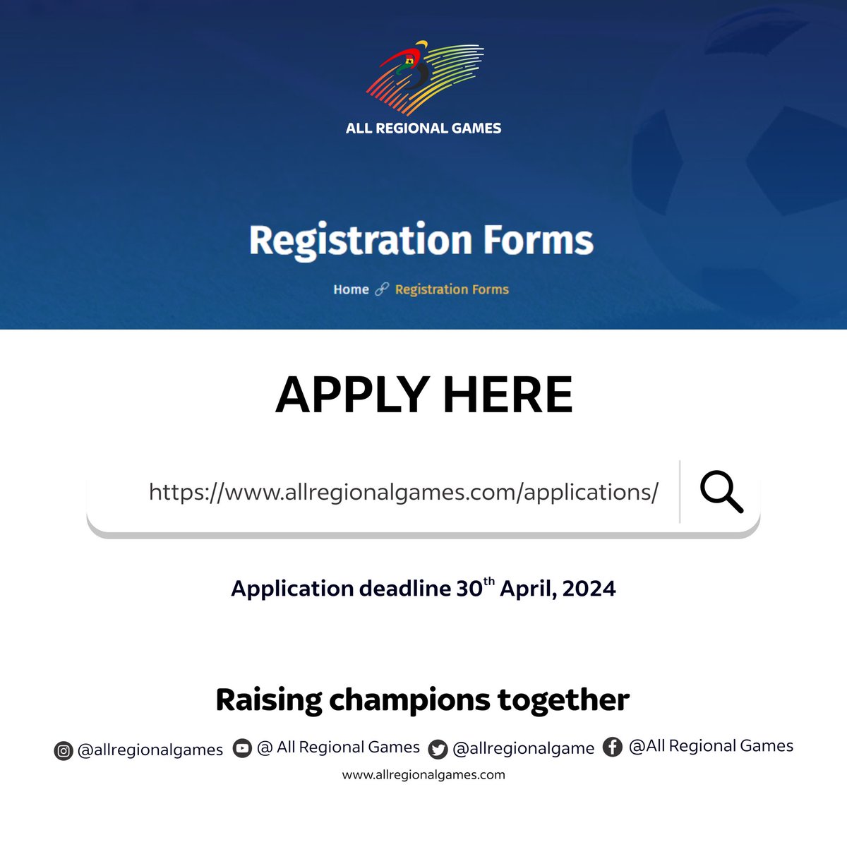 We are searching for Ghana's top athletes. Register now via shorturl.at/apTX3 to compete in your chosen sport.  Be a part of history - applications close April 30th. #AllRegionalGames #TheTimeIsNow
