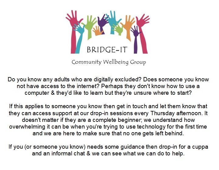 Do you know any adults who are digitally excluded? If so then why not call into our drop-in session for a cuppa and a chat? We might be able to help. 🙂 We meet up every Thursday, 1pm - 3.30pm at Northwood Community Centre. No referral is necessary.
