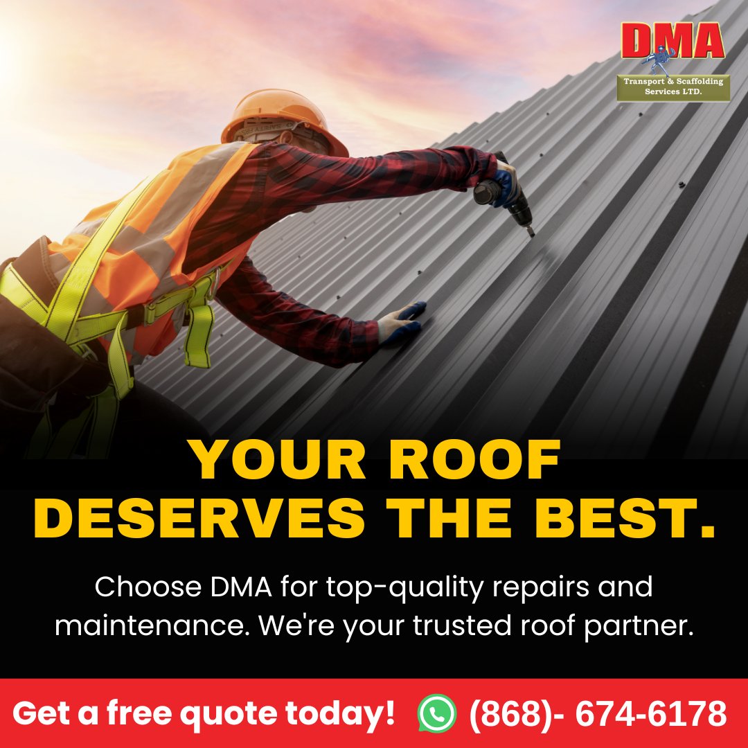 Don't let roof problems linger! ⏰ Contact DMA now for swift and expert repair services.

#RoofRepair #Maintenance #ProfessionalService
.
Call us today! 📞 (868)-674-6178
Visit - dmascaffolding.com