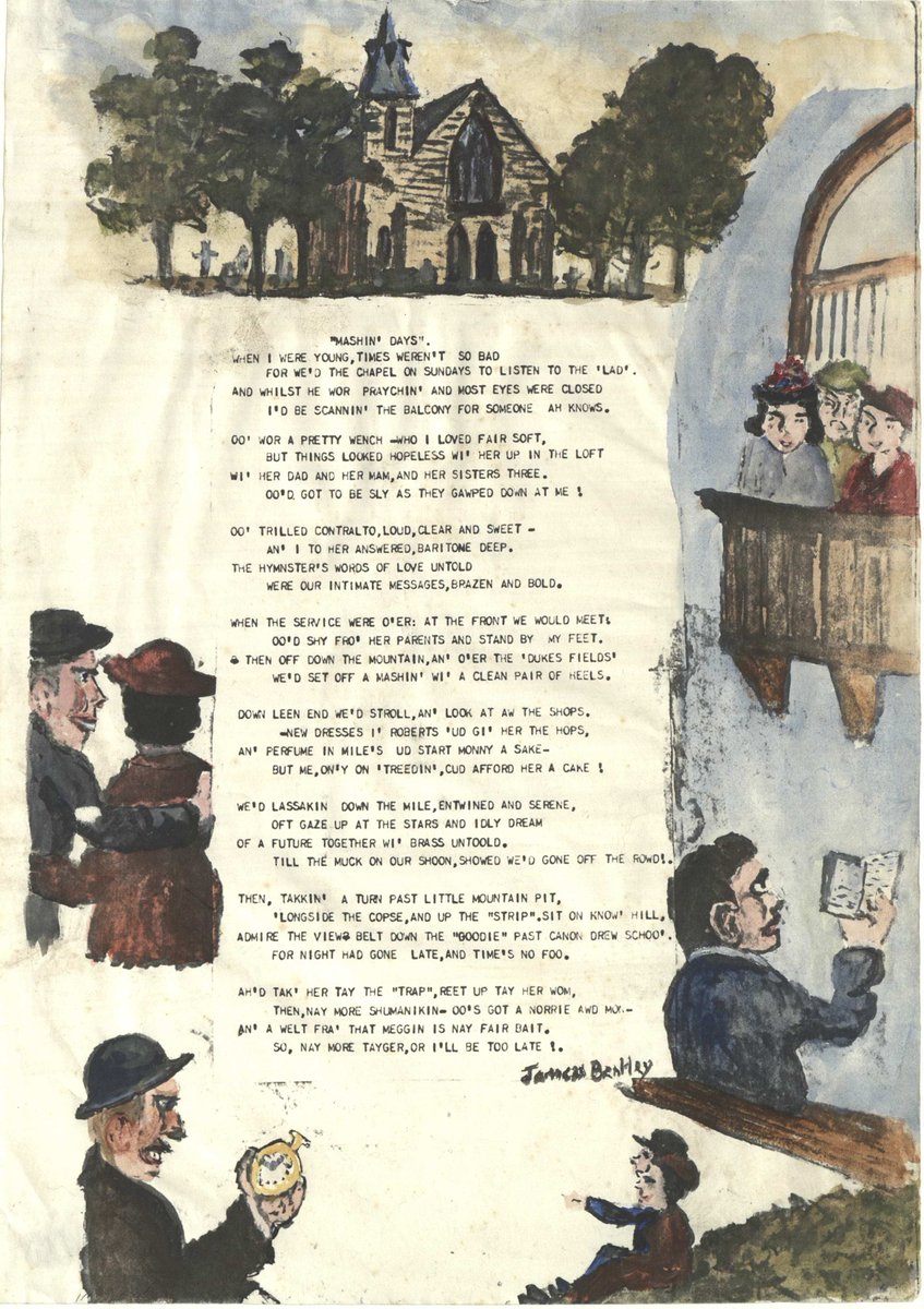 For World Art Day we celebrate local historian, artist, and author James Bentley and his illustrated poem, “Mashin’ Days”. Written in the Buckley dialect, it details what courting was like in the early 20th century! #WorldArtDay24 D/JB/221