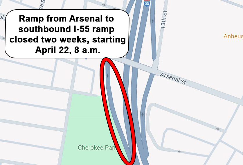 Next Monday, April 22, at 8 a.m., crews will close the ramp from Arsenal to southbound I-55 around the clock for two weeks for shoulder, curb, guard rail, and drainage work: modot.org/node/45212