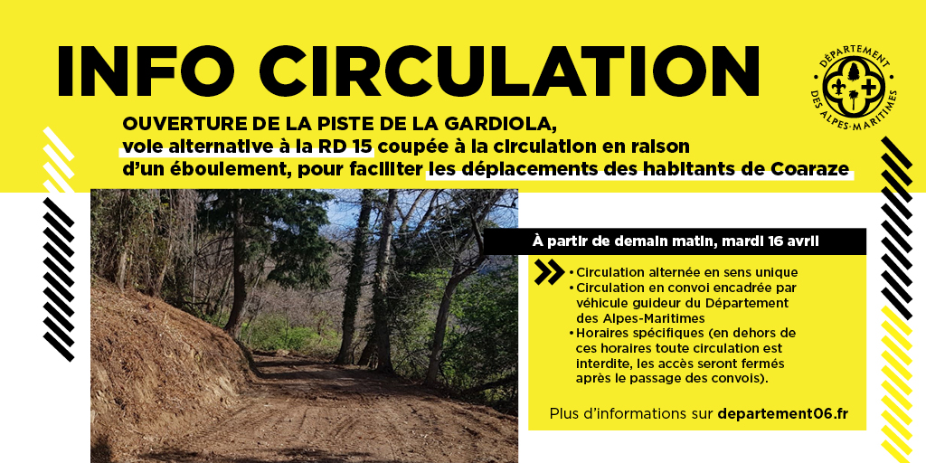 AlpesMaritimes's tweet photo. #inforoutes06 

La piste de la Gardiola, voie alternative à la RD 15 coupée à la circulation en raison d’un éboulement ouvrira à partir de demain matin, mardi 16 avril.

➡️ La circulation sur la piste de la Gardiola sera réglementée comme suit :
- Stationnement et dépassement interdits à tous les véhicules ;
- Vitesse des véhicules limitée à 15 km/h sur l’ensemble de l’itinéraire ;
- Circulation interdite sur l’ensemble de l’itinéraire aux véhicules de plus de 3,5t, de plus de 2 m de largeur et aux camping-cars ;
- Circulation piétonne interdite sur l’ensemble de l’itinéraire ;
- Circulation alternée en sens unique ;
- Circulation en convoi encadrée par véhicule guideur du Département des Alpes-Maritimes ;
- Le stationnement est interdit sur la route du Jouncas et du Prats pour maintenir une fluidité du trafic dans les deux sens, excepté pour les riverains.

➡️ Horaires de circulation : 

1) Dans le sens Coaraze => Bendejun, la piste sera ouverte à la circulation sous alternat réglé par feux tricolores :
Du lundi au vendredi : 
- De 6h à 6h20 & de 7h15 à 7h35 :
Départ le long de la RD 15 avant l’embranchement Jouncas-RD15. Le convoi se fera derrière un véhicule de la Subdivision Départementale d'Aménagements (SDA) ;
- De 18h à 18h20 & de 19h30 à 19h50 :
Départ le long de la RD 15 avant l’embranchement Jouncas-RD15. Le convoi se fera derrière un véhicule de la SDA.

2) Dans le sens Bendejun => Coaraze, la piste sera ouverte à la circulation sous alternat réglé par feux tricolores :
Du lundi au vendredi : 
- De 6h45 à 7h05 & de 7h45 à 8h05 :
Départ le long de la RD 15 en amont du portail bleu du Moulin. Le convoi se fera derrière un véhicule de la SDA ;
- De 17h15 à 17h35 & de 19h à 19h20 :
Départ le long de la RD 15 en amont du portail bleu du Moulin. Le convoi se fera derrière un véhicule de la SDA.
En dehors de ces horaires toute circulation est interdite, les accès seront fermés après le passage des convois.

Plus d'infos sur https://t.co/tsiVhy3DCd 
#alpesmaritimes #routes06