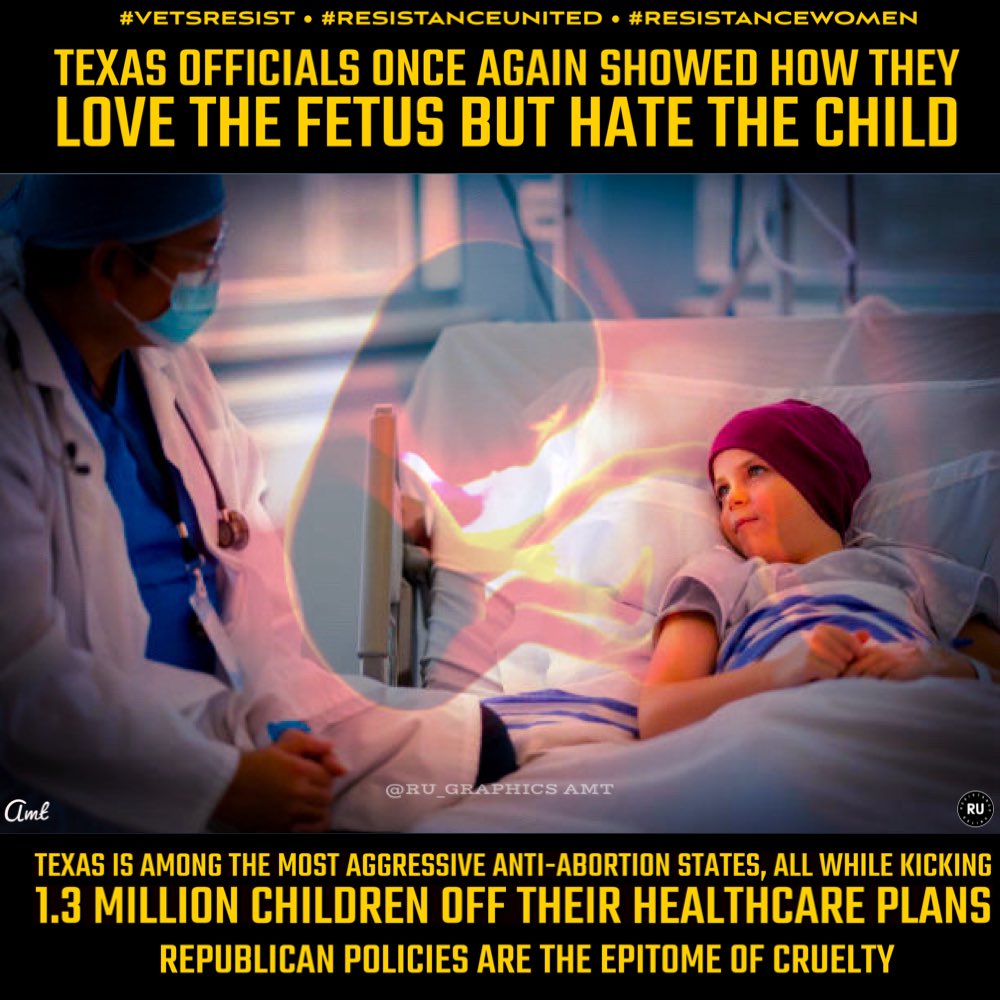 #ResistanceUnited ❤️the fetus, hate the child is the mantra of Rep TX rmvd 1.3M kids from Medicaid Last yr we saw countless Rep states refuse FREE FED $ for🏫lunch programs Rep are all for forcing birth, damn the consequences but when it comes to helping families they refuse