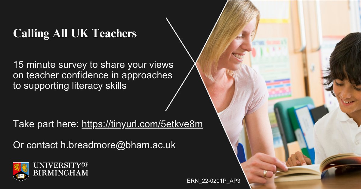 Are you a #teacher in a school in the UK? We want to hear about your confidence in supporting #literacy skills in your classroom. What approaches do you use and why? Complete this 15 minute survey to share your views bham.qualtrics.com/jfe/form/SV_1F…