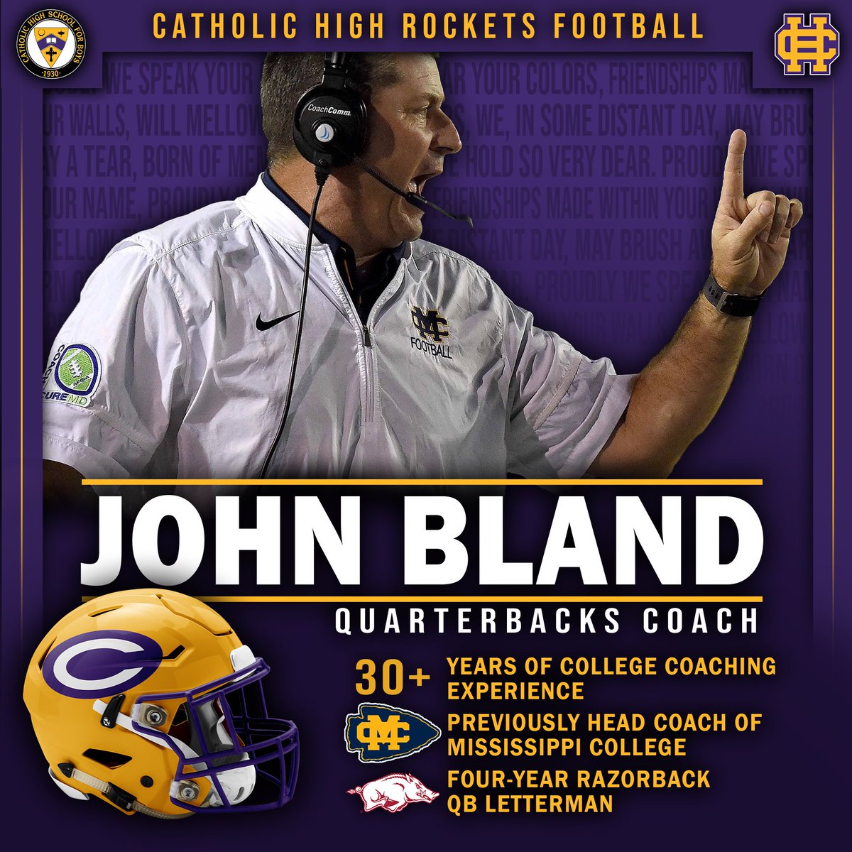 (1/2)The Rocket football program proudly announces the addition of a new coach and teacher today: Mr. John Bland. Coach Bland is a Razorback letterman with extensive collegiate coaching experience.