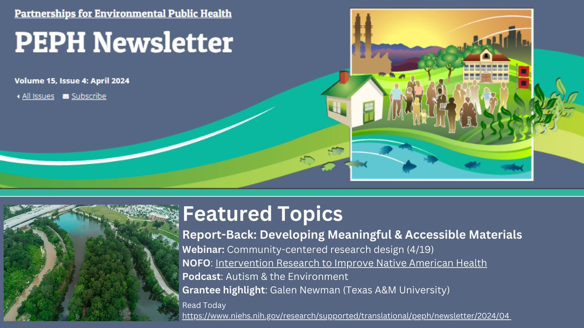 Good morning, PEPH Colleagues! Take a break from your taxes & read through the PEPH Newsletter. Learn more about the community-engaged report-back work of @OSU_EHSC, @SRP_OregonState & @bcmhouston. Check out upcoming @nihceal webinar on CEnR. niehs.nih.gov/research/suppo…