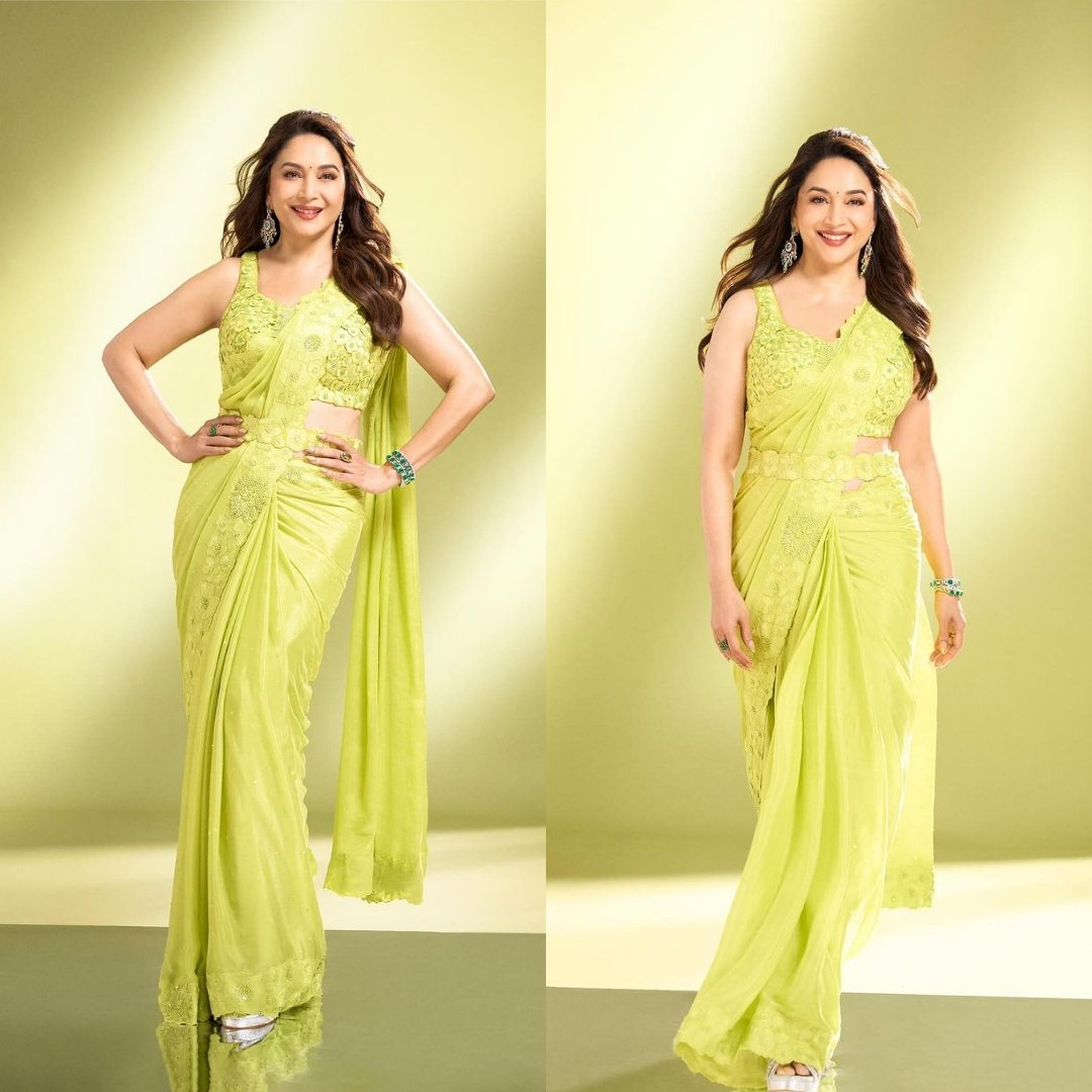 #MadhuriDixit stuns in a light green designer saree, epitomizing grace and elegance with every step. 💚✨🥵🤭
. 
. 
. 
. 
#SareeLove #EthnicElegance #MadhuriDixit #MadhuriDixitNene #CelebStyle #TalkingBling