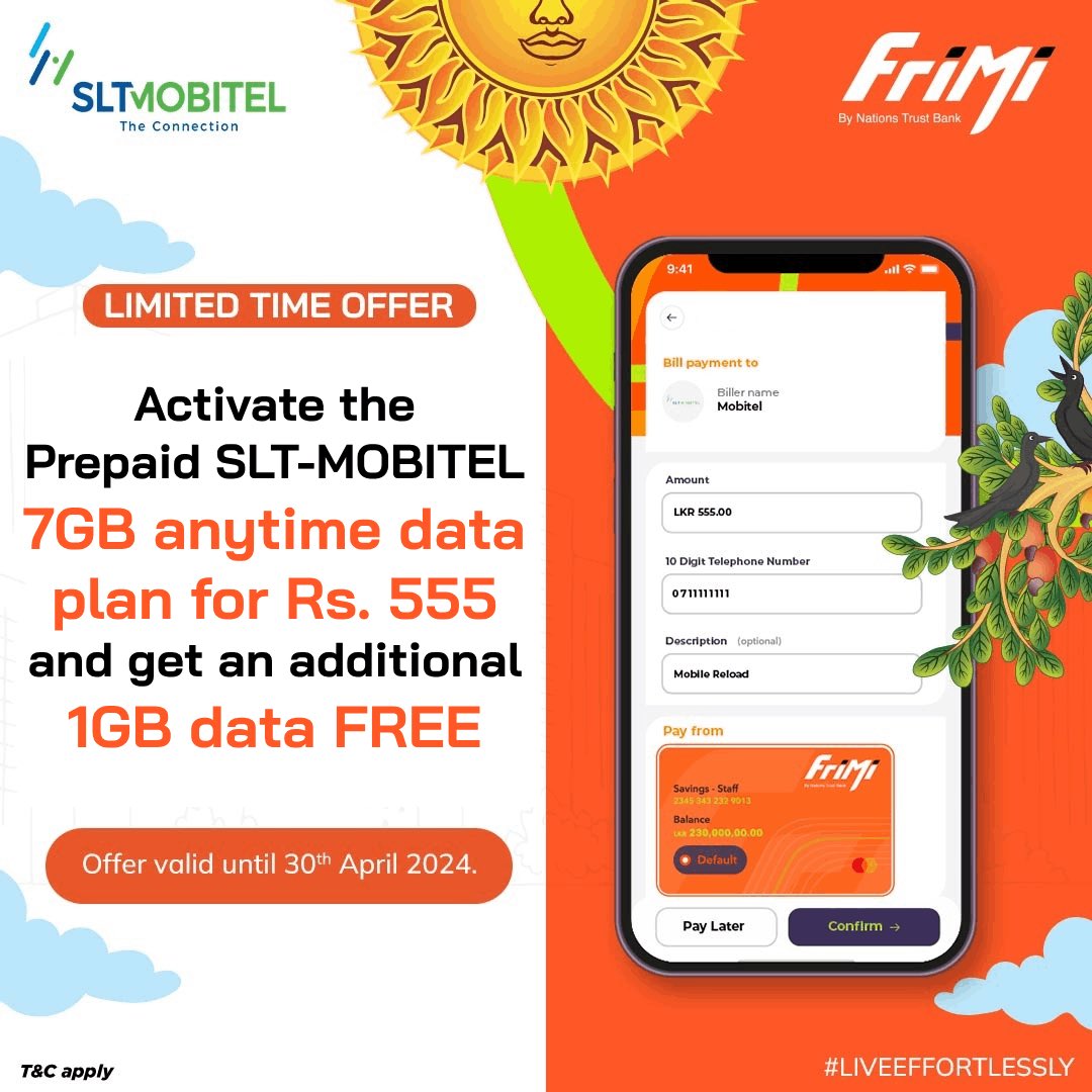 FriMi_lk's tweet photo. Enjoy 7GB Anytime Data from SLT-Mobitel for prepaid reloads of Rs. 555 and get an additional 1GB data FREE! 

Offer Valid until 30th April  2024.

T&amp;C - https://t.co/hTkqXFoam5

Get Onboard FriMi -  https://t.co/vbODFtBpnK

#FriMi #LiveEffortlessly #DigitalLifestyle https://t.co/8gM903dASf