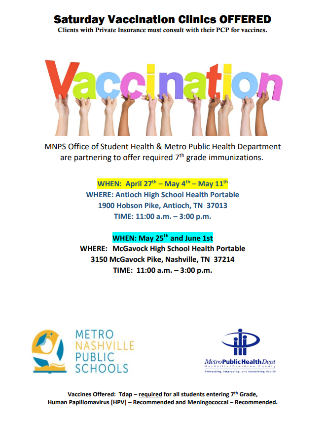 MNPS Office of Student Health & Metro Public Health Department are partnering to offer required 7th grade immunizations in the coming weeks. Check out the schedule below! @MetroSchools @DrWilliams711 @mnps_fcp @MNPS_Attendance
