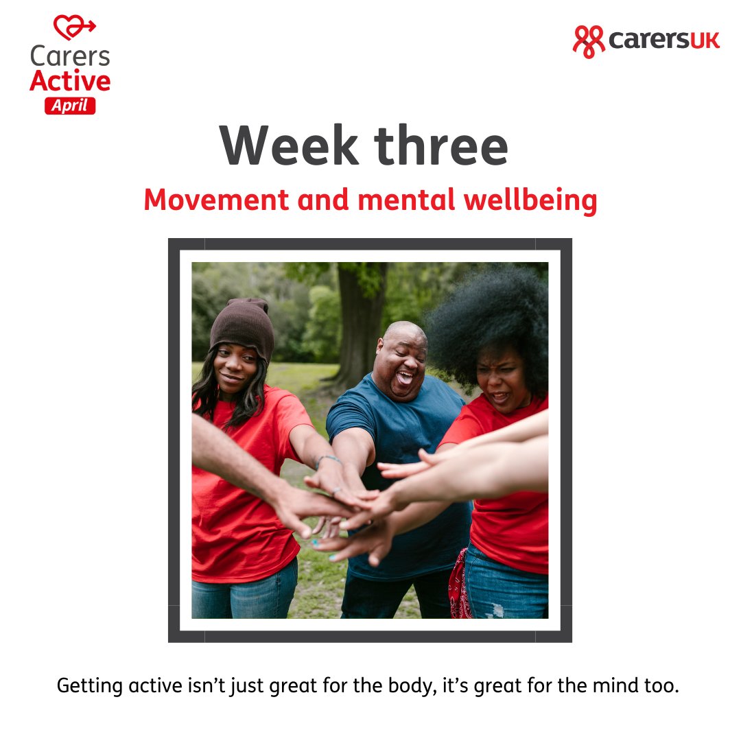 It's week 3 of #CarersActiveApril and the sun is shining! ☀ It can be difficult to look after yourself when you're a carer so this week we're focusing on movement and mental wellbeing. Get started with videos from @CarersUk Carers Active Hub: go.carersuk.org/3JjHC16?utm_so…