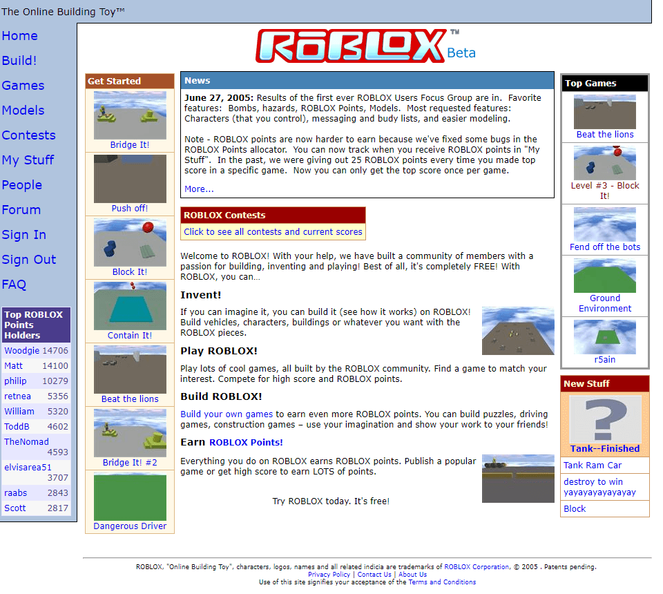 Roblox homepage in 2005