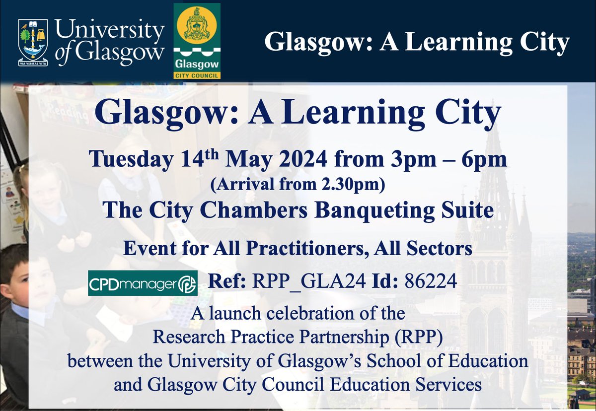 Practitioners at all levels: We are delighted that this event, in partnership with @UofGEducation, is open for booking on CPD Manager. Course ID: 86224 or Course Ref: RPP_GLA24 @EdISGlasgow @CDavren @Doug_GCC @HermannssonK @jenfarrar76