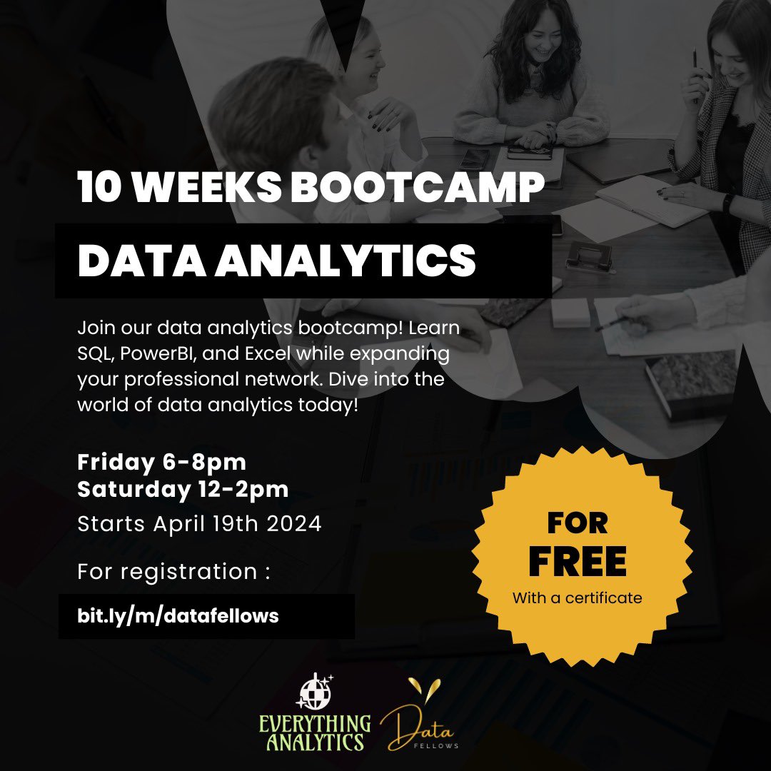2024 is the year for boldness! We're going all out this year!

That's why we, @DatafellowsInfo have teamed up with Everything Analytics, 
@OlaOgunniran to host a 10-week free bootcamp on data analytics.