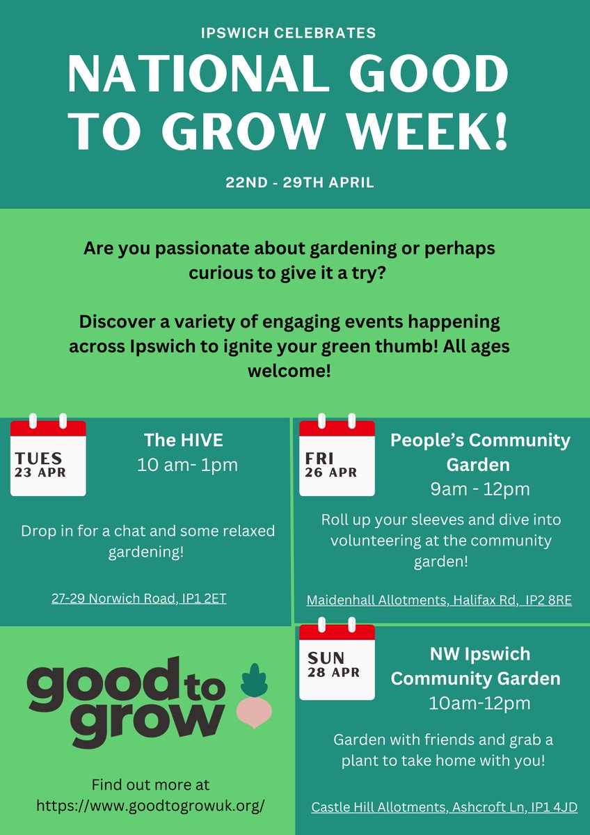 Good to Grow week is coming soon! If you have a passion for gardening or would like to find out more these events are for you, coming to Ipswich next week. For more info visit goodtogrowuk.org/news/feb24-goo… #GoodToGrow