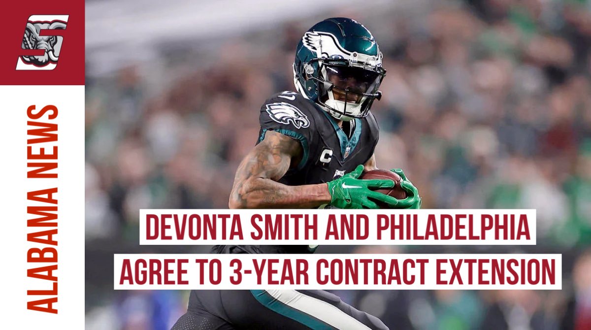BREAKING:

Former Alabama WR Devonta Smith has agreed to a 3-year contract extension with the Philadelphia Eagles.

The extension is worth $75M over the three years, with $51M guaranteed to the former Heisman winner.