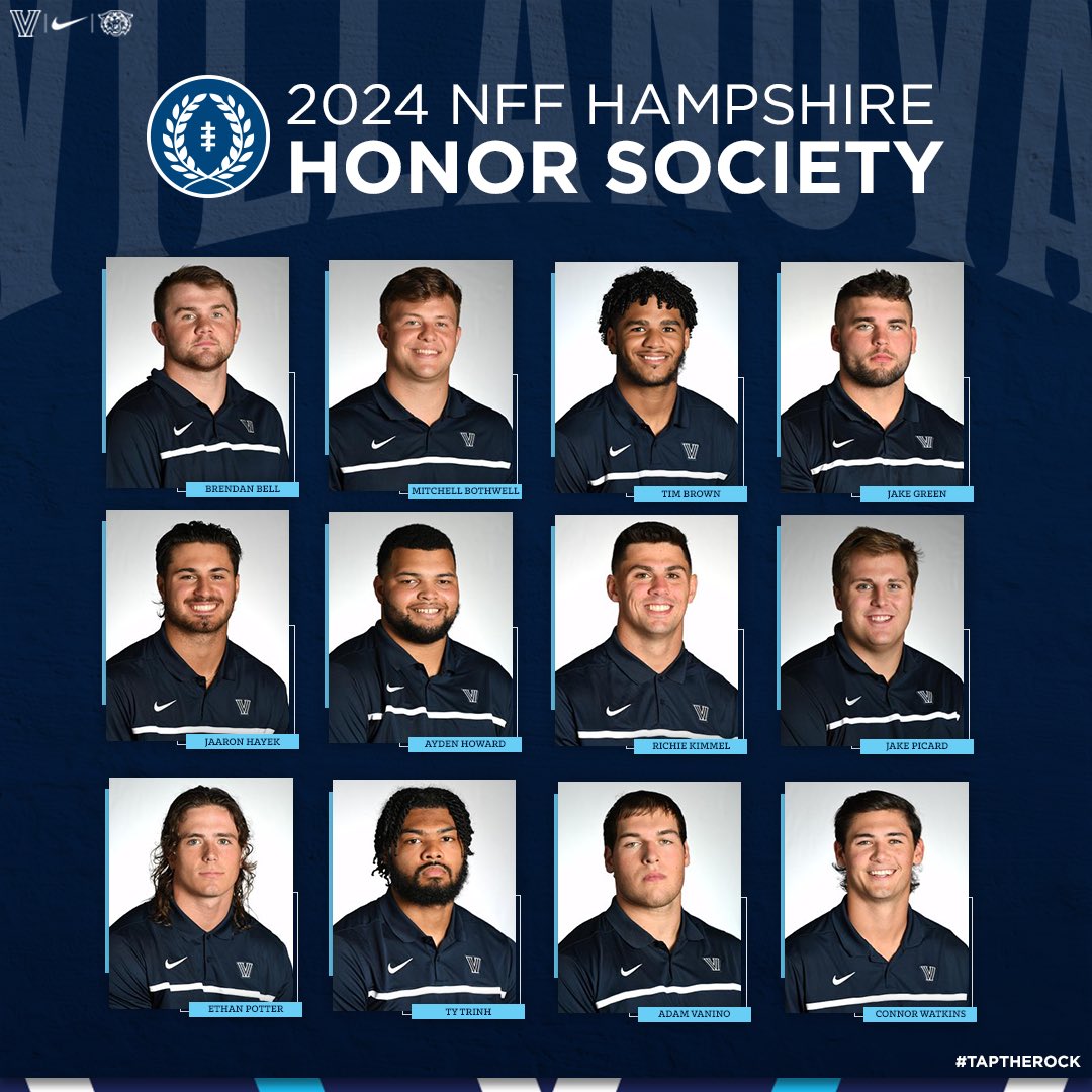 Villanova Football (@novafootball) on Twitter photo Congratulations to our 1️⃣2️⃣ Wildcats — the most in <a href="/CAAFootball/">CAA Football</a> — named to the 2024 NFF Hampshire Society! 📚🏈
<a href="/NFFNetwork/">National Football Foundation</a> x #TapTheRock Congratulations to our 1️⃣2️⃣ Wildcats — the most in <a href="/CAAFootball/">CAA Football</a> — named to the 2024 NFF Hampshire Society! 📚🏈
<a href="/NFFNetwork/">National Football Foundation</a> x #TapTheRock