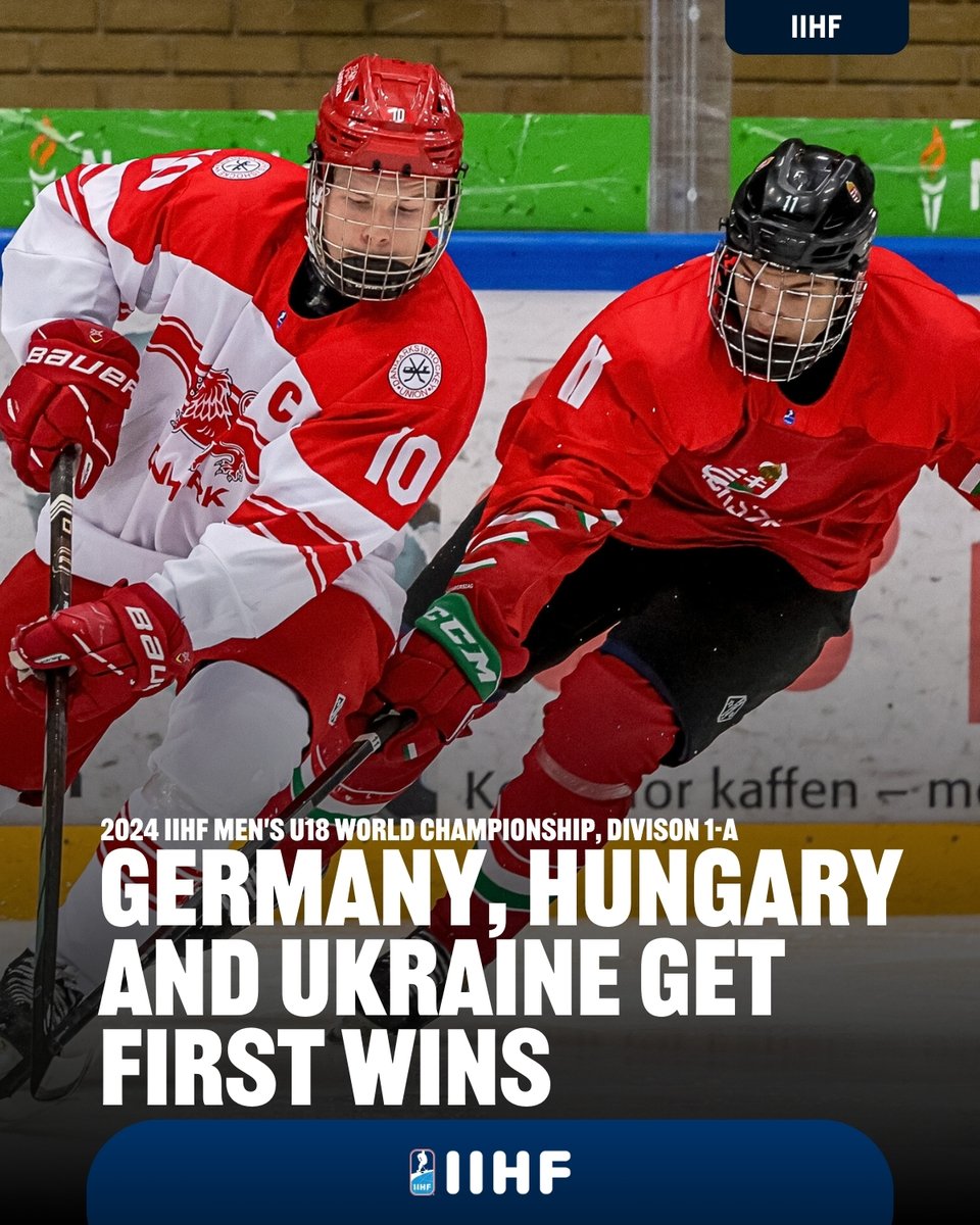 Germany, Hungary and Ukraine earned victories on Day 1 of the 2024 #U18MensWorlds Division 1A in Denmark.✊ @deb_teams @hockeyhungary Read full Day 1 recap ✍️ iihf.com/en/events/2024…