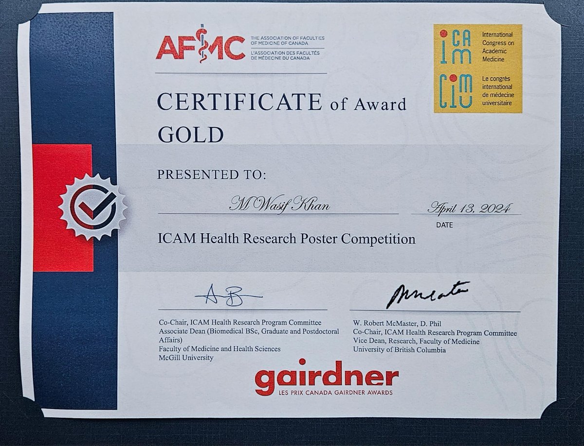 Congratulation on our PhD student Mohd Wasif Khan won Gold Award in ICAM (International Congress on Academic Medicine) Health Research Poster Competition. #ICAM2024,@Chelikanilab, @um_bmg