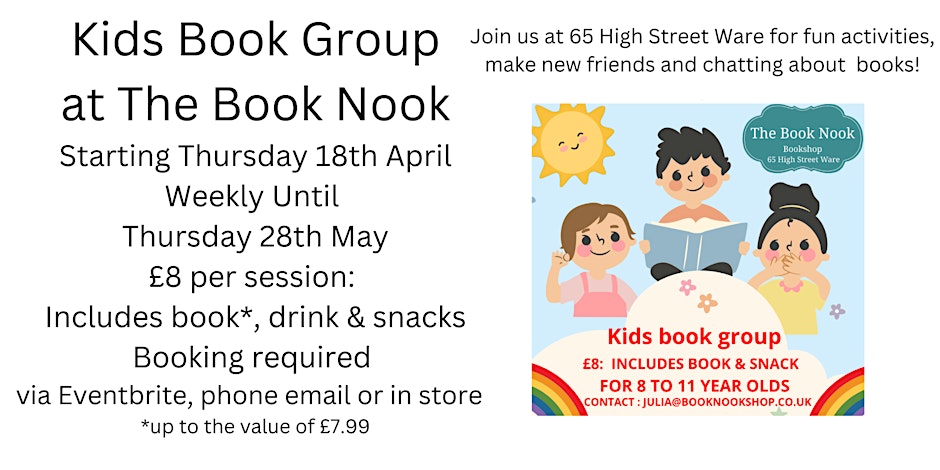 Last few spaces left for our Kids Book Group club for 8 -11 year olds at The Book Nook starting weekly from this Thu Apr 18th 3:45 to 4.45 . Book now at tinyurl.com/yrdv2pna for fun activities, talking about your favourite books, discovering new stories, and making friends