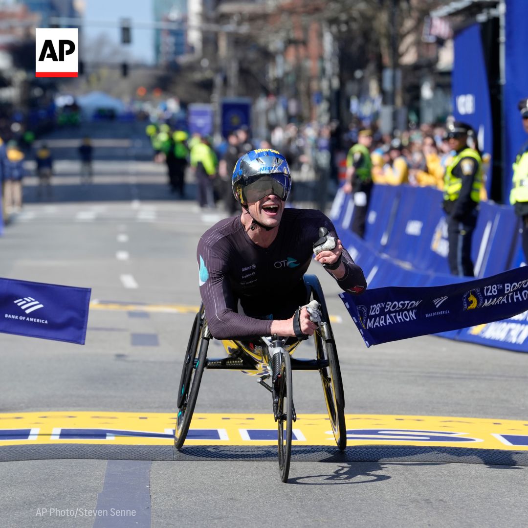 Switzerland's Marcel Hug broke his own course record in the men's wheelchair race at the Boston Marathon despite crashing into a barrier. This is his seventh win. Hug finished in 1 hour, 15 minutes, 33 seconds, breaking his previous record by 1:33. bit.ly/3Q2qLnb