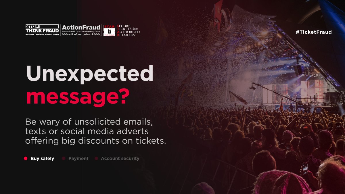 ⚠️ Have you received any unsolicited messages offering big discounts on tickets? 🌞Be aware of phishing emails or social media scams offering resale tickets or unbelievably good deals for this summer's top events. 👉 actionfraud.police.uk/ticketfraud