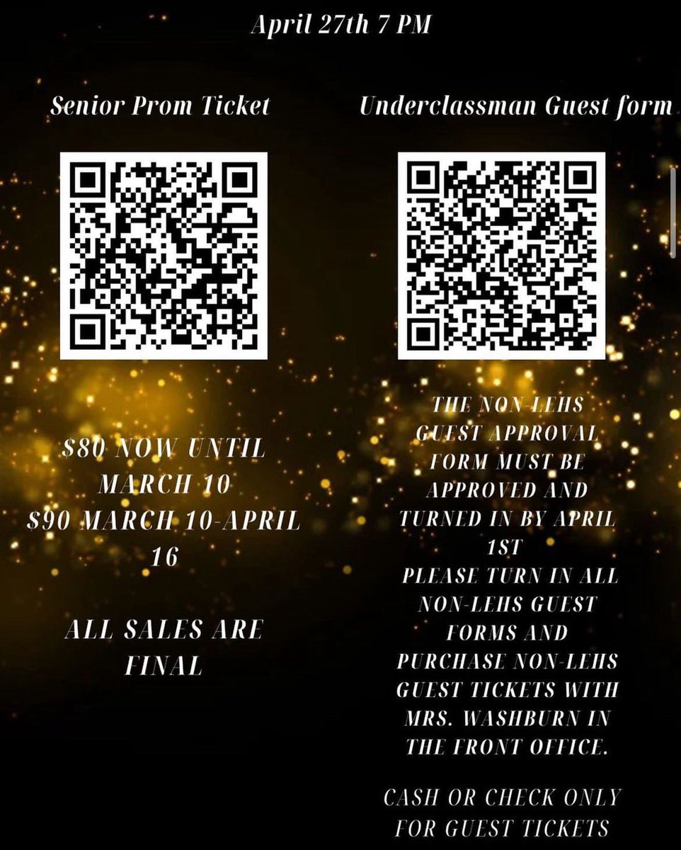 Last call for Prom tickets!! 🌟 Date: April 27 🌟 Time: 7 pm 🌟 Location: Stonebriar County Club Tickets are available for purchase through the QR code below through TOMORROW, April 16.