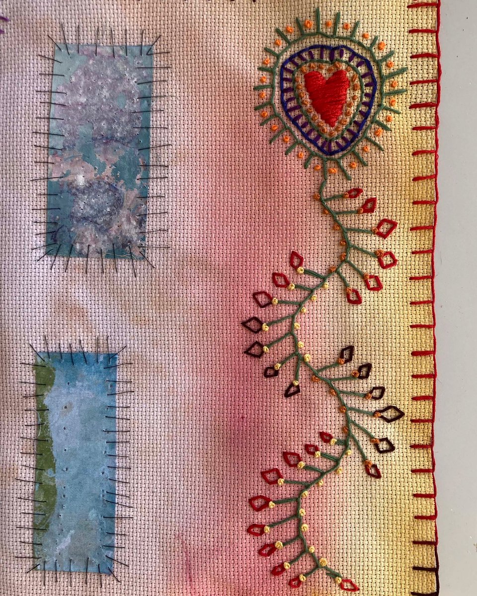 A section of a new brightly coloured embroidery collage. (Work in progress.) 

.. 

#workinprogressart #embroideredart #abstractembriodery #slowstitching #paintingonfabric #artdetails #handembroidery