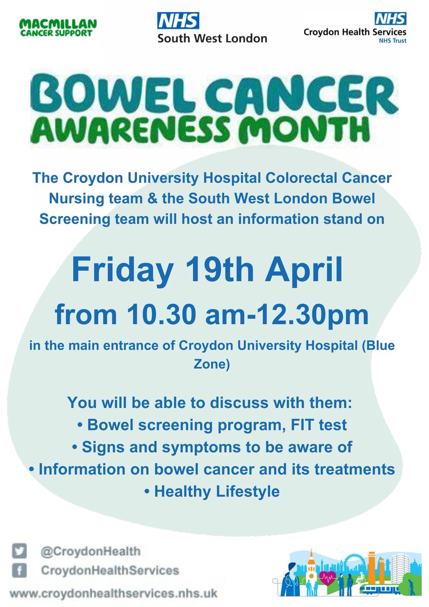 This Friday, @croydonhealth #ColorectalCancer team will be marking #BowelCancerAwarenessMonth with an information stand. Together with Lisa-Lyna from South West London Bowel screening service, they will answer any questions you may have #earlydiagnosissaveslives