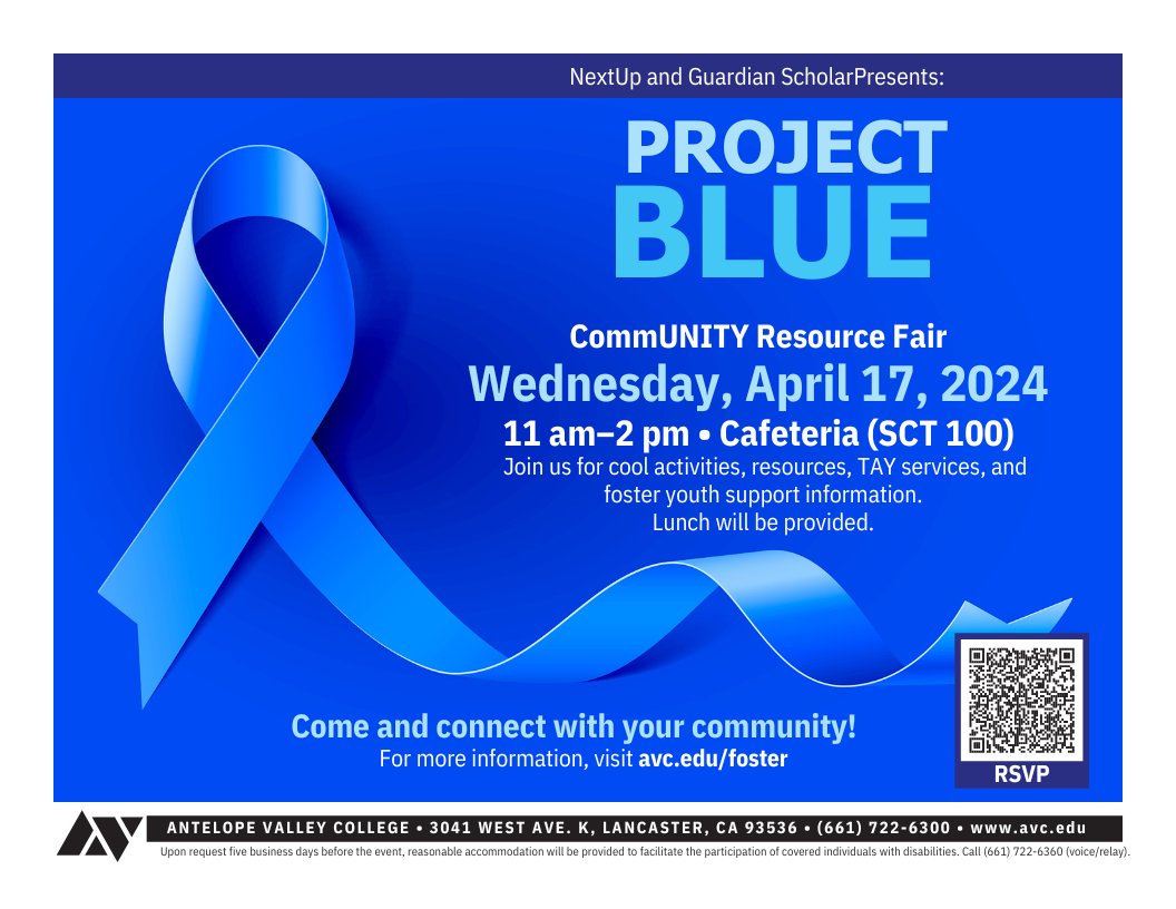 📢The @AVCollegeCA EOPS/CARE/NextUp/Guardian Scholars program is collaborating w/ PROJECT BLUE for the CommUNITY Resource Fair @ AVC on Weds. 4/17. Discover a wide range of resources & speak w/ a @cssdla #childsupport representative on-site. #AVCResourceFair #StudentSuccess