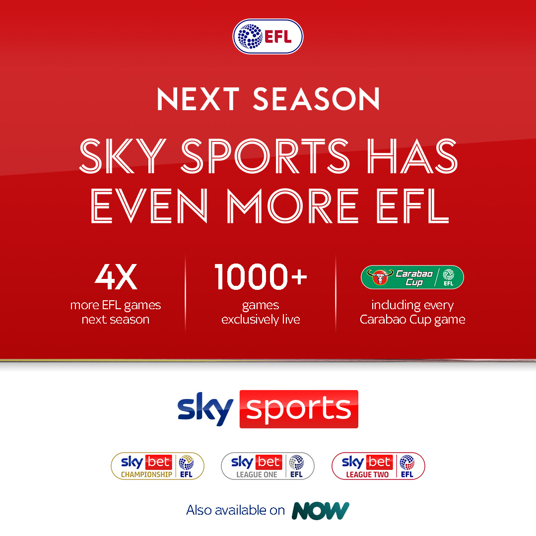 From next season, @SkySports will be the home of the EFL. 📺 With over 1,000 EFL fixtures live via Sky and NOW each season, our club streaming service will no longer offer domestic live video coverage of EFL matches. More info 👉 bit.ly/4auxLRY #EFL | #AD