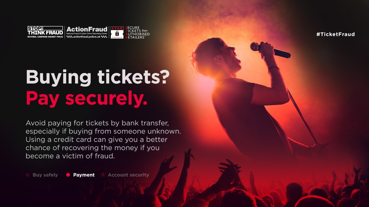 🤔 Buying tickets for a sold out event? ⚠️Avoid paying by bank transfer, especially if you're buying from an unknown individual. ✅Use a credit card to give you a better chance of recovering money if you become a victim of fraud. 🔗actionfraud.police.uk/ticketfraud #TicketFraud
